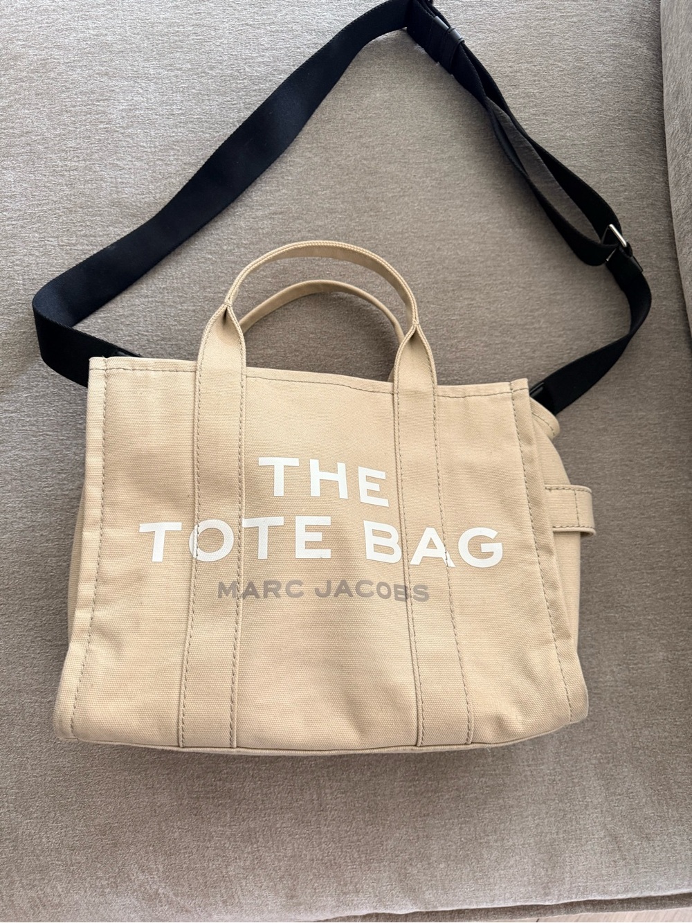 Women’s Marc Jacobs Beige Canvas Messenger Tote with Black Strap